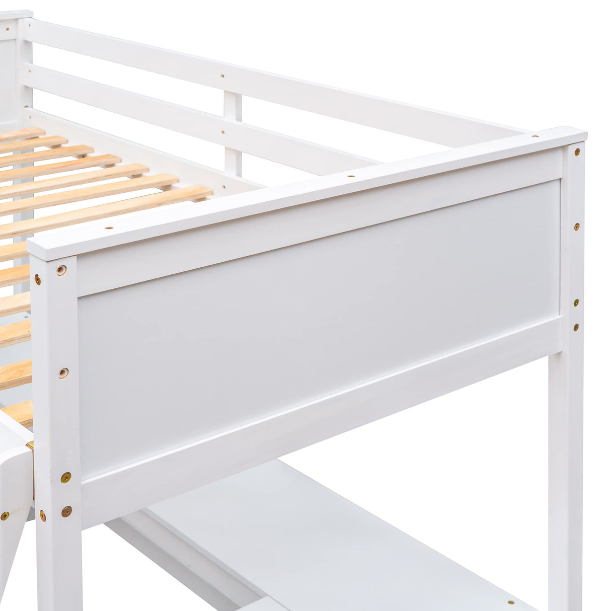 Ball & Cast Twin Size Loft Bed with Full-Length Guard Rail and Storage Shelves,Wood Bedframe w/Ladder & U Shape Desk,Slat Support,Space Saving,Bedroom Furniture for Student Dorms,Studio,White Ball & Cast