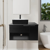 SOLIDEE 28 Inch Black Floating Bathroom Vanity with 1-Door and 1-Drawer, Modern Wall Mounted Cabinet with Black White Ceramic Vessel Sink Top SOLIDEE
