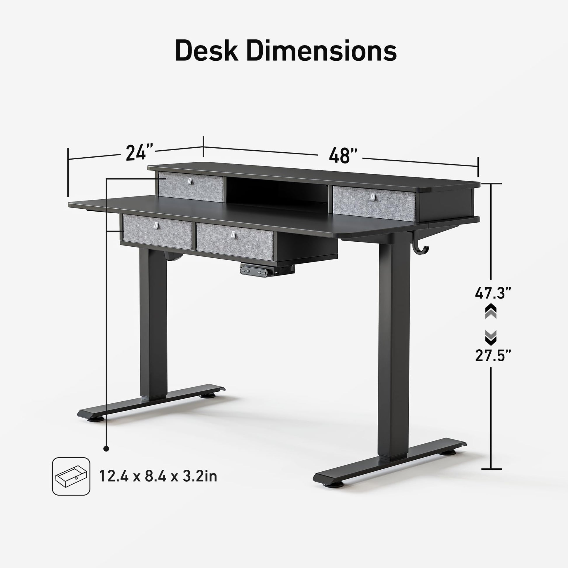 FEZIBO 48 x 24 Electric Standing Desk Adjustable Height with 4 Drawers, Sit Stand Desk with Storage Shelf, Rising Desk with Splice Board, Black Frame/Rustic Brown Top, 48 inch - WoodArtSupply