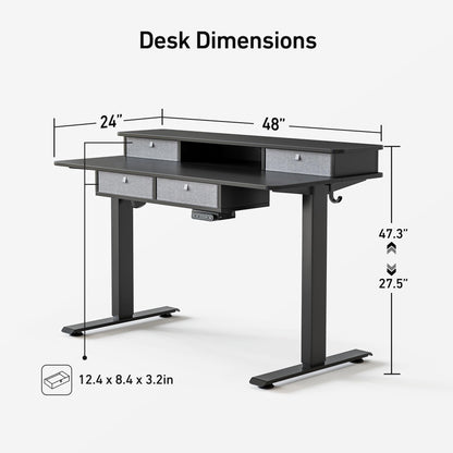 FEZIBO Sturdy Height Adjustable Electric Standing Desk with Drawers, 48 x 24 Inch Stand Up Table with Large Storage Shelf, Sit Stand Desk, Black Top