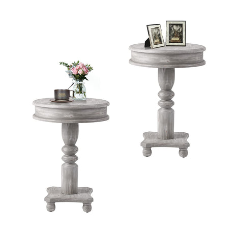 HOMPUS Vintage End Table Set of 2, Round Rustic Side Table Sets w Wood Grain Finish, 2 Pieces Nightstand Small Accent Table Mid-Century Modern for Living Room, Bed Room, Light Grey HOMPUS