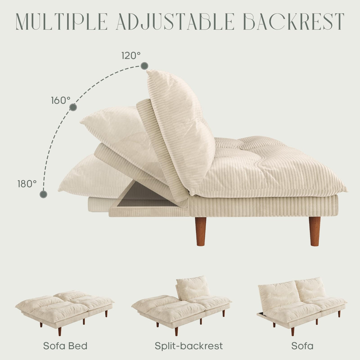 DreamDashio Futon Sofa Bed, 69 inch Futon Couch with Adjustable Backrest, Corduroy Convertible Sleeper Sofa Bed, Folding Sleeper Recliner for Apartment, Living Room, Office, Beige DreamDashio