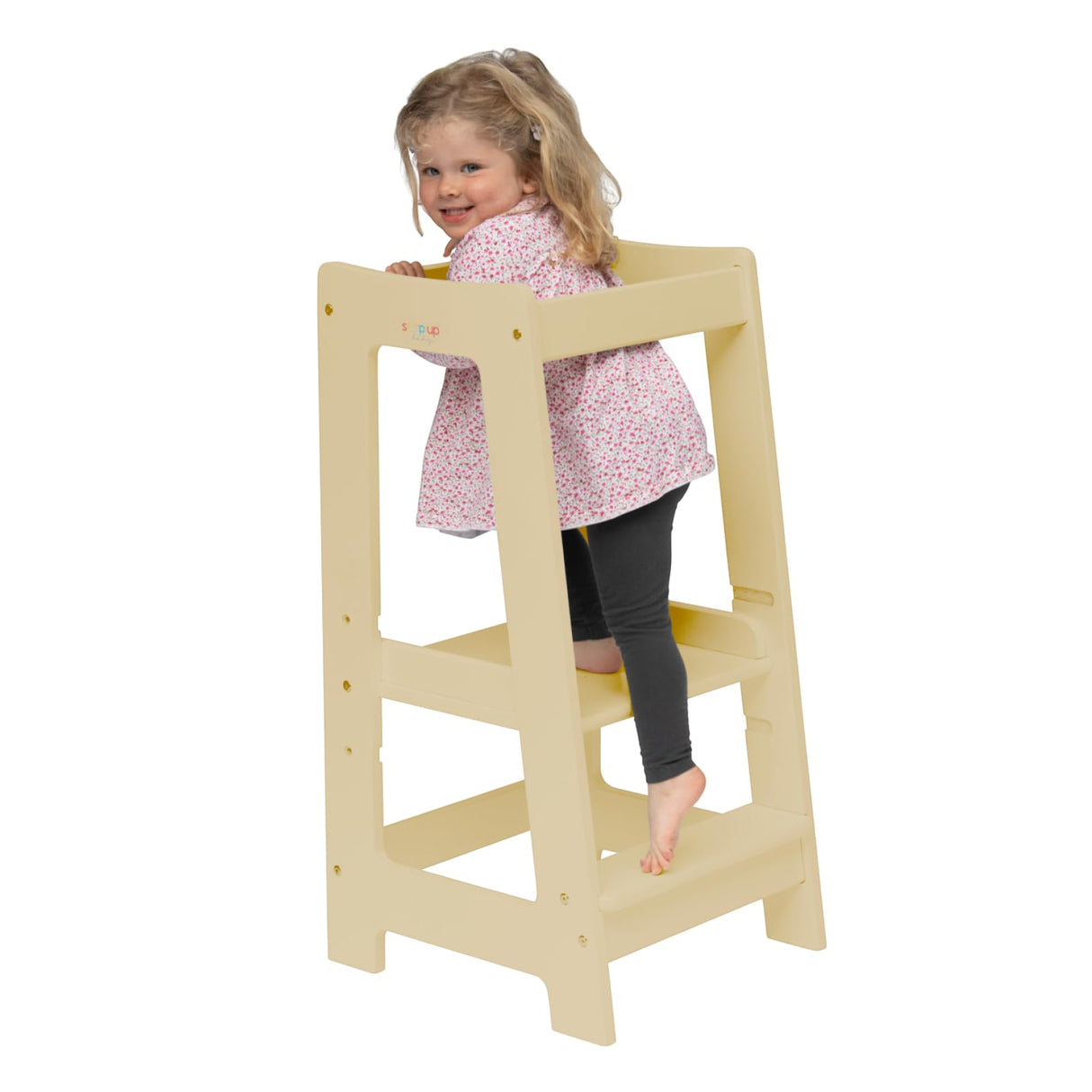 Stepup Baby Toddler Tower Step High Chair | Montessori Inspired | Kitchen Wooden Step Stool for Preschool Kids | Adjustable for 18 Month - 5 Years | Includes Safety Rail (Natural Wood) Stepup Baby