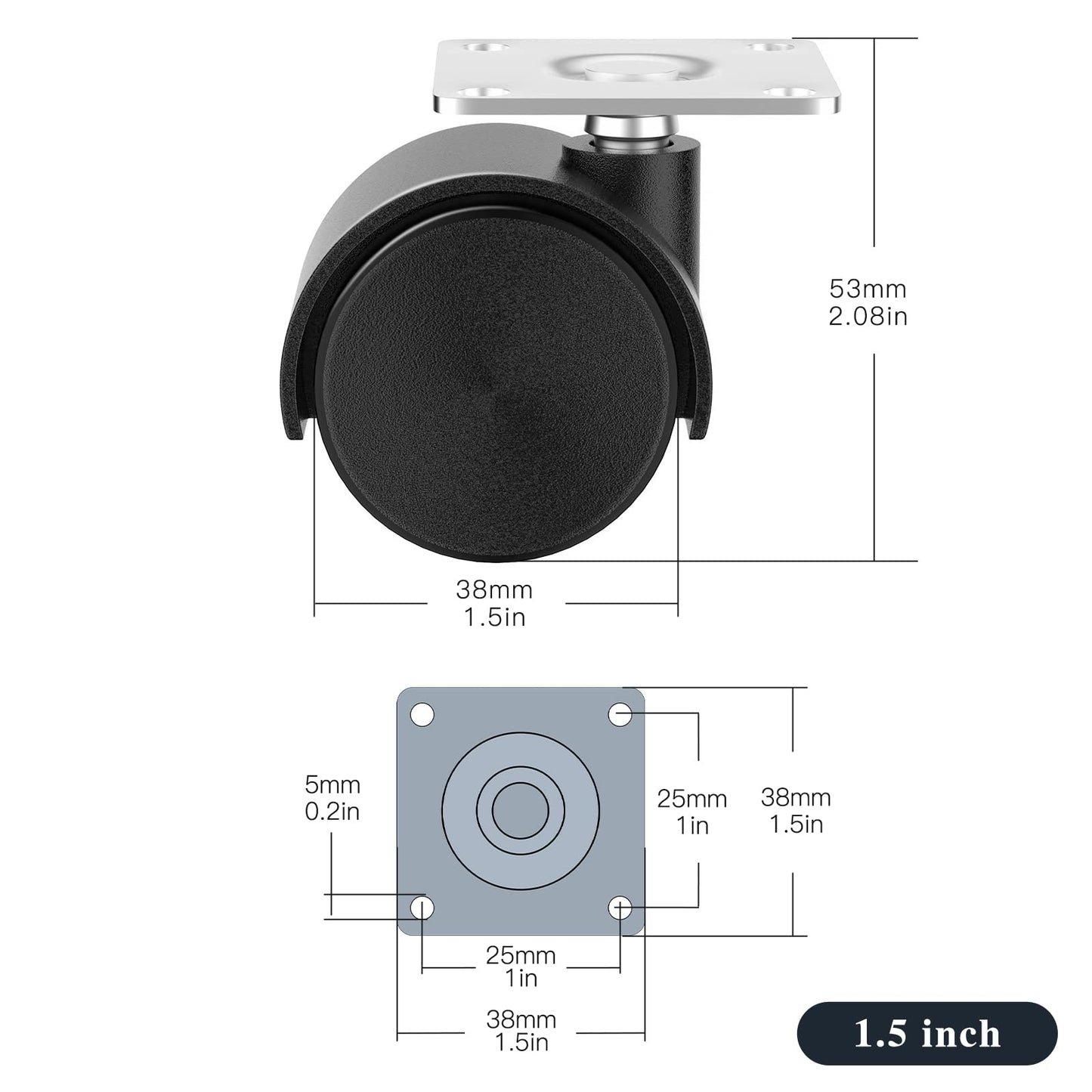 1.5 Inch Furniture Caster Wheels, Plastic Casters Set of 4, Plate Swivel Nylon Small Casters for Carts, Furniture, Baby Bed, Kitchen, Cabinet, Table (with Stainless Steel Screws)