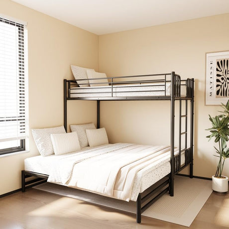 Twin Metal Bunk Bed with Pull-Out Trundle, 3-in-1 Convertible for Teens/Adults, Heavy Duty Space-Saving Design, Ladder & Guardrails, No Box Spring Needed, Easy Assembly NeoTechEra