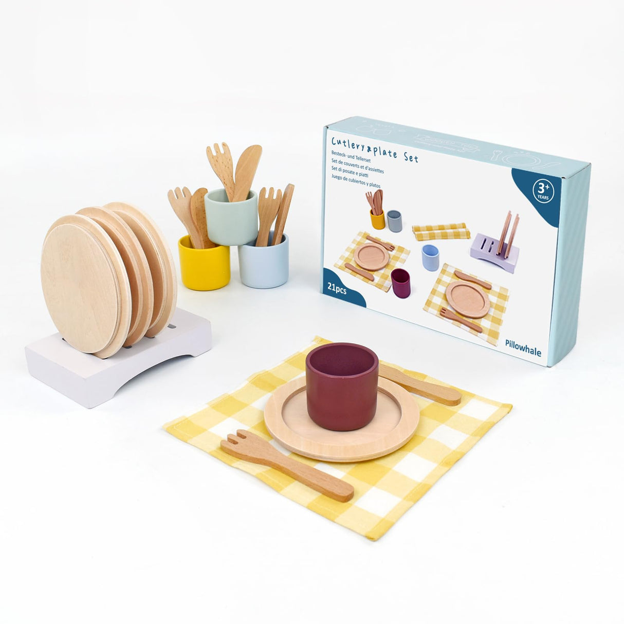 Pillowhale Wooden Toy Plates and Dishes Set,Play Kitchen Cutlery and Plate Set,21Piece Kids Kitchen Playset Accessories for Toddlers Boys Girls Ages 3+ Pillowhale