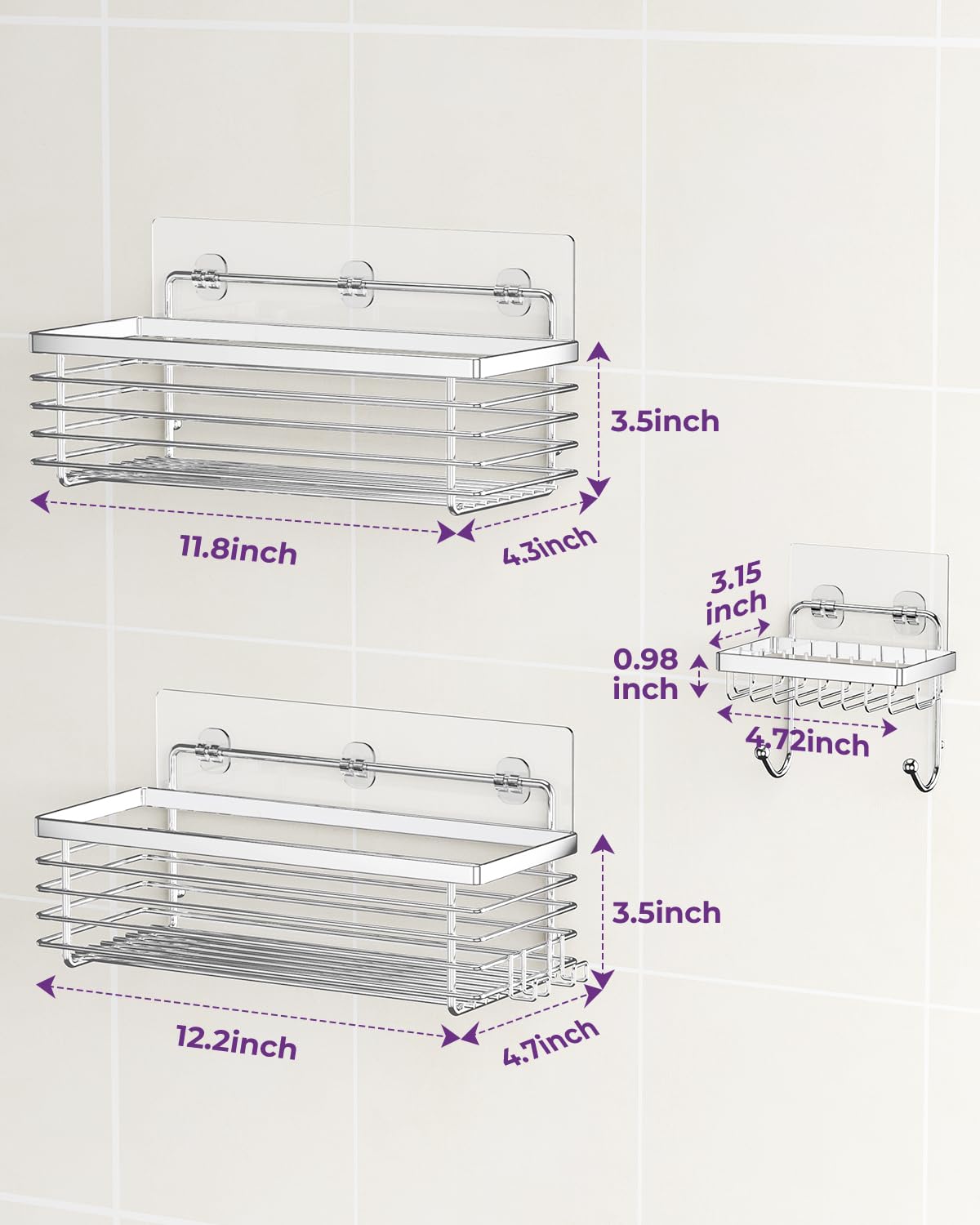 ODesign Shower Caddy 3 Pack SUS304 Stainless Steel-No Drilling-Shower Bathroom Shelves Rack,Rustproof Wall Mounted,Adhesive Shower Shelf Basket Organizer-Silver ODesign