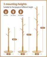 Cozivolife Solid Wood Coat Rack Stand with 9 Hooks, 3 Height Adjustable, Freestanding Coat Tree Hanger for Clothes, Hats, Scarves, bags, Bedroom, Office, Entryway Cozivolife