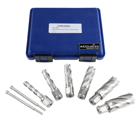 Accusize Industrial Tools Hss Annular Cutter Set, 2'' Cutting Depth, 7/16'' to 1-1/16'' Slugger Cutter, 8 Pcs/Set, HSS2-0000 Accusize Industrial Tools