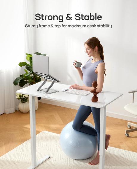 Marsail Glass Electric Standing Desk with Drawer, 55 x 28 Inches Height-Adjustable Desk, One-Piece Tempered Glass Top, Ergonomic Home Office Sit Stand Desk with 4 Preset Heights, White Marsail