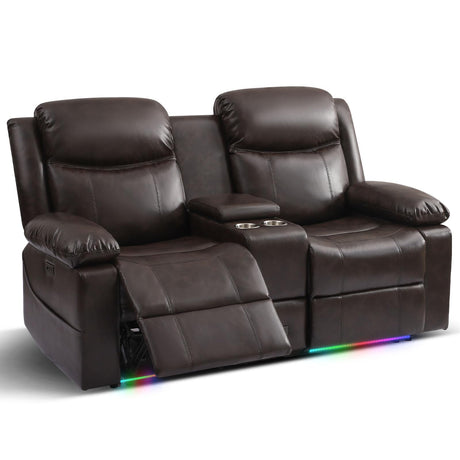 PALLOME Power Reclining Loveseat Sofa for Home Theater, RV Recliner Couch with USB Type-C, Console, LED Lights (Brown) PALLOME