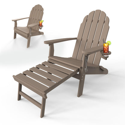 Adirondack Chair with Ottoman, Folding Adirondack Chair with Cup Holder, Weather Resistant, HDPE Pre-Assembled Outdoor Chairs for Porch, Pool, Deck, Backyard, Garden, Weathered Wood