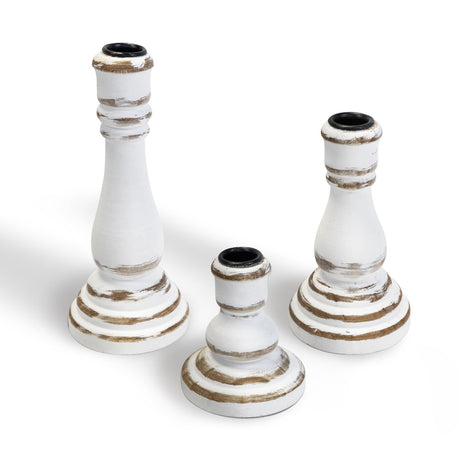 Taper Candle Holders Set of 3, Rustic Wooden Candlestick Holders, Farmhouse Wood Candle Stand, Vintage Candles Stick Tapered Holder for Living Room, Table Centerpiece (Vintage White) CEDARLUX