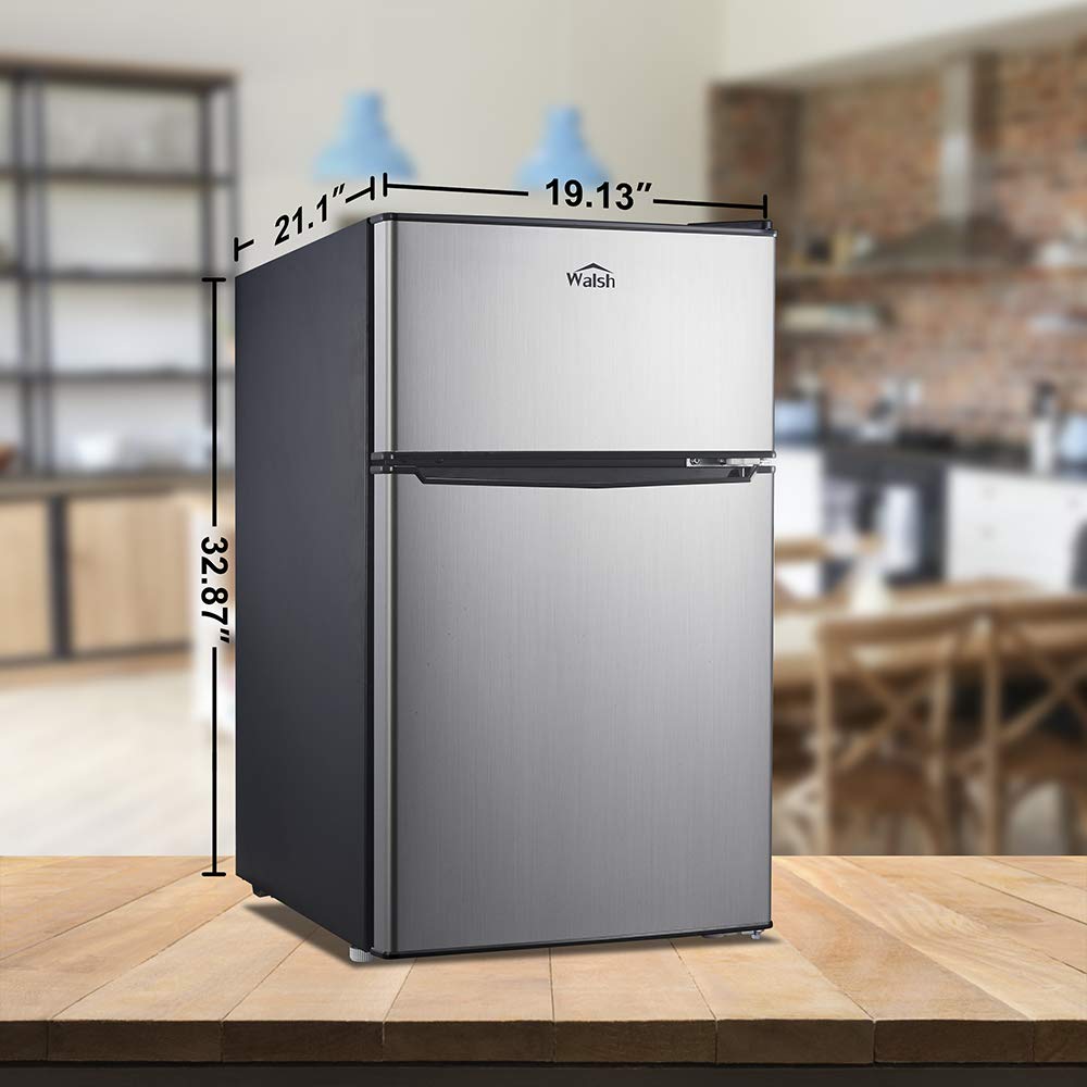 Walsh Compact Retro Refrigerator, Dual Door Mini Fridge, Energy Efficient, Adjustable Mechanical Thermostat with Freezer, Reversible Doors with leveling Front Legs, 3.1 Cu Ft, Stainless Steel Walsh
