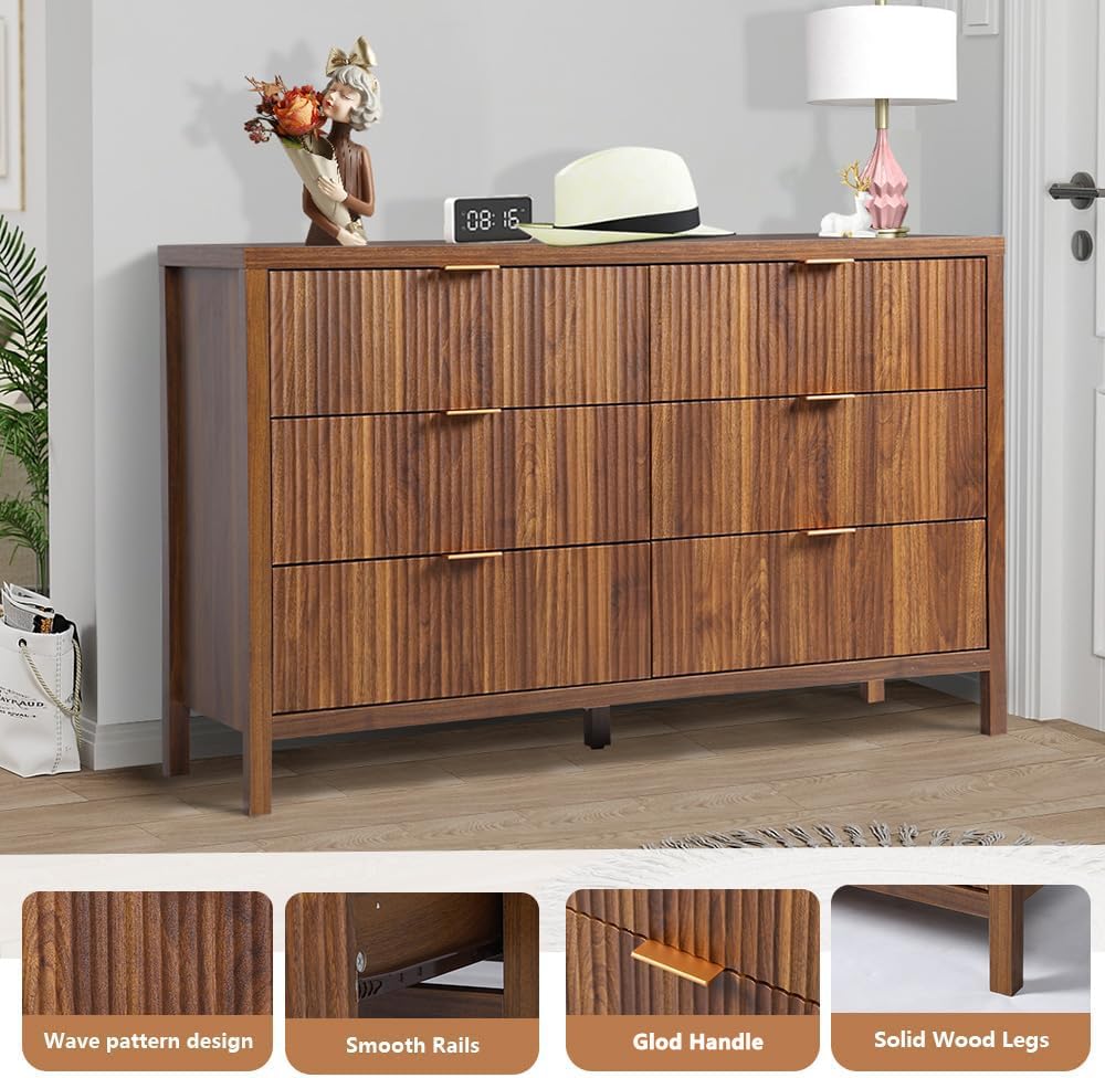 affeivul Mid Century Modern Dresser TV Stand, 6 Drawer Dresser for Bedroom Wood, Farmhouse Boho Storage Cabinet Side Table with Solid Natural Wood Legs, Long Wooden Dresser for Closet (Walnut - WoodArtSupply