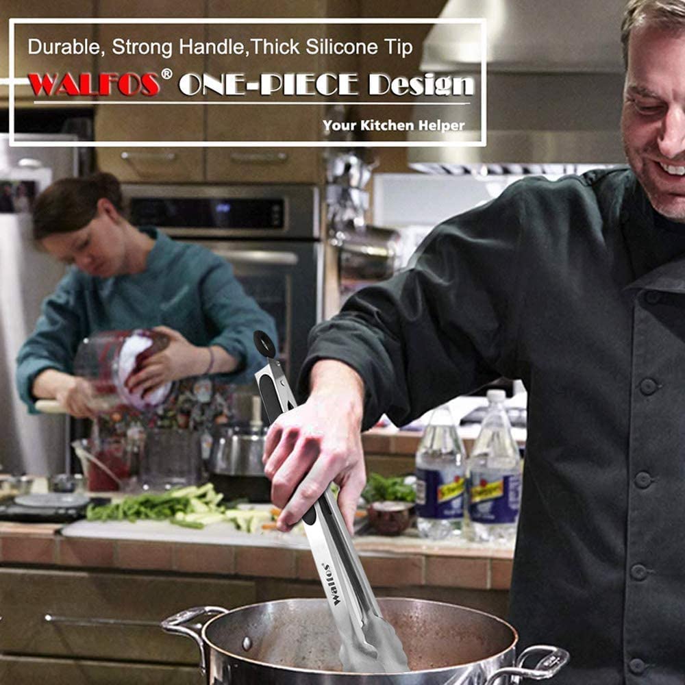 Food Grade Stainless Steel Kitchen Tongs for Cooking,BBQ - 7 ，9 and 12 Inch,Set of 3 Heavy Duty Locking Metal Food Tongs Non-Slip Grip Walfos