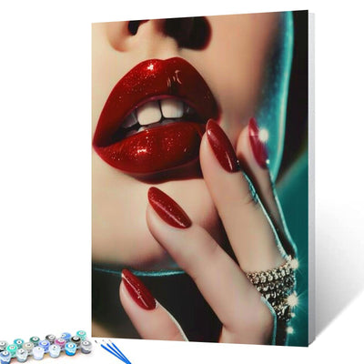 Fashion Woman Paint By Numbers for Adults Beginner Sexy Girl with Red Lip and Red Nail DIY Paintwork Acrylic Canvas Bedroom Decor Female Painting Kits Craft 16x20 Inch House Decor Gift（DIY Frame ）