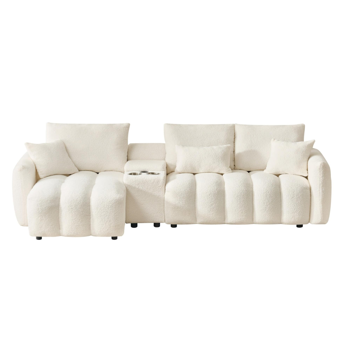 KEIKI 92" Chenille Sofa, 3 Seat Upholstered Couch with Center Console, USB Ports, Coffee Table, Deep Seat Couch for Living Room Bedroom Office Apartment, Off White KEIKI