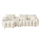 KEIKI 92" Chenille Sofa, 3 Seat Upholstered Couch with Center Console, USB Ports, Coffee Table, Deep Seat Couch for Living Room Bedroom Office Apartment, Off White KEIKI