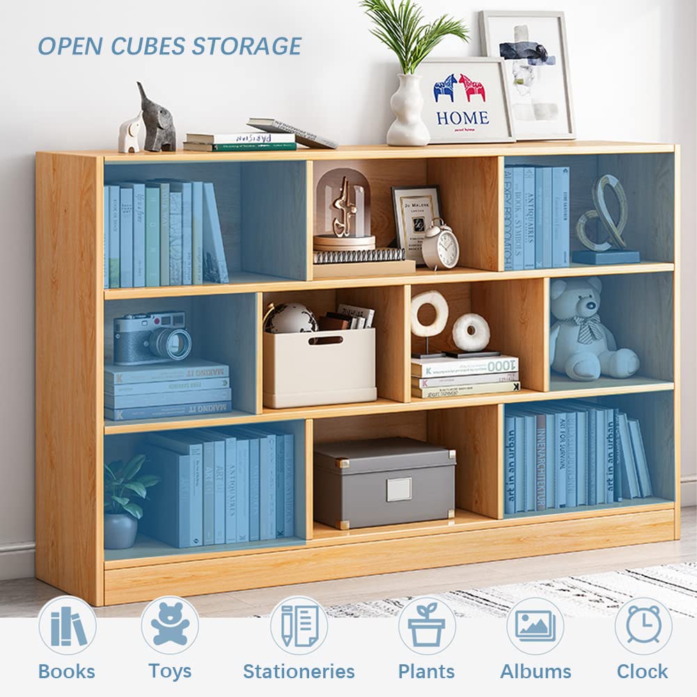 IOTXY Open Shelf Low Bookcase - Wooden 3-Tier Floor Standing Display Cabinet Organizer with Base, 10 Cubes Short Horizontal Bookshelf in Bright Blue IOTXY