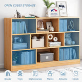 IOTXY Open Shelf Low Bookcase - Wooden 3-Tier Floor Standing Display Cabinet Organizer with Base, 10 Cubes Short Horizontal Bookshelf in Bright Blue IOTXY