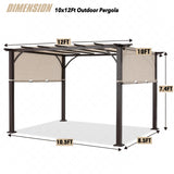 MASTERCANOPY 10' X 12' Outdoor Retractable Pergola with Adjustable Roof, Metal Patio Pergola for Backyard, Garden and Deck,Griege MASTERCANOPY