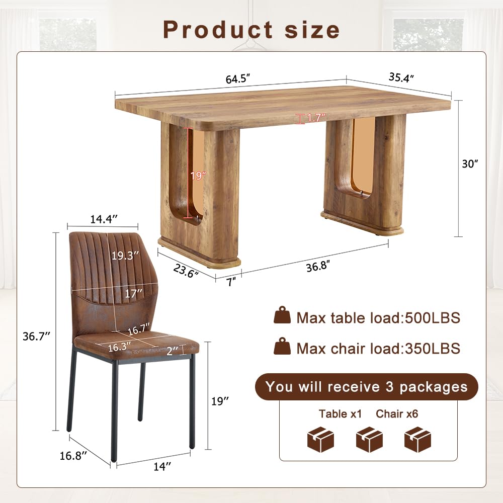 Rejeke 64.5" Dining Room Table Set for 6, Modern Farmhouse Wood Dining Table Set with Decorative Pedestal Legs & 6 Cushioned Chairs,Rustic Brown Kitchen Table Set for Kitchen, Easy Assembly Rejeke