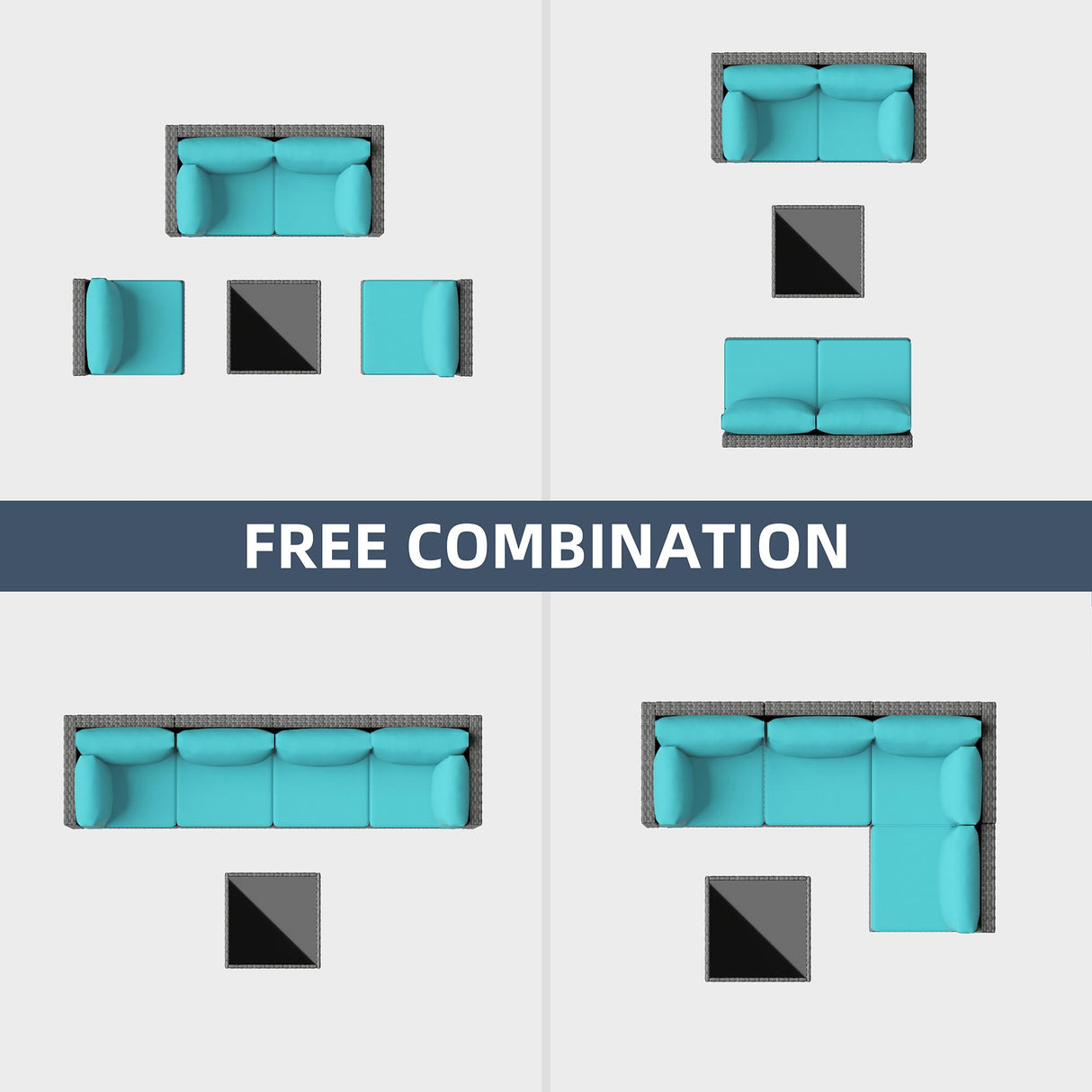 SUNLEI 5pcs Patio Outdoor Furniture Sets Conversation Set,Low Back All-Weather Rattan Sectional Sofa with Tea Table&Washable Couch Cushions(Silver Rattan) (Sky Blue) SUNLEI