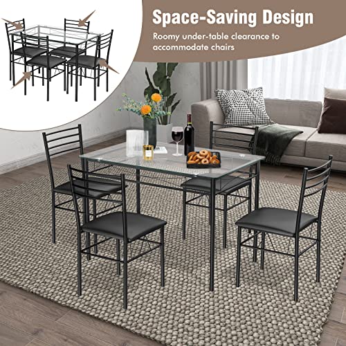 Tangkula Dining Table Set, 5 Pieces Dining Set with Tempered Glass Top Table and 4 Chairs, Kitchen Dining Room Furniture, Black Tangkula