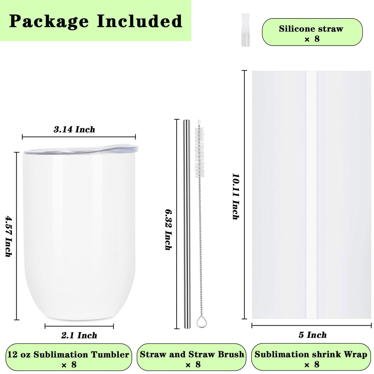 Draheri 12 Oz Sublimation Wine Tumblers Blanks Bulk, Stainless Steel Double Wall Insulated Sublimation Cups, Sublimation Mugs with Straw and Straw Brush, Individually Boxed (8 Pack) Draheri