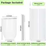 Draheri 12 Oz Sublimation Wine Tumblers Blanks Bulk, Stainless Steel Double Wall Insulated Sublimation Cups, Sublimation Mugs with Straw and Straw Brush, Individually Boxed (8 Pack) Draheri