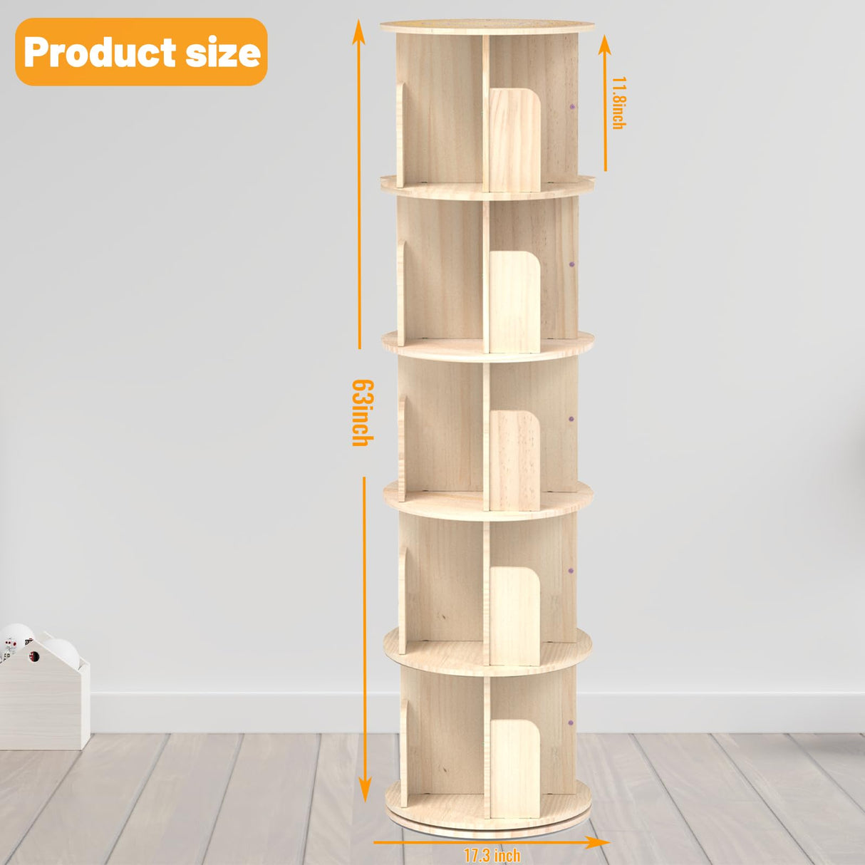 Cuguords Rotating Bookshelf Tower,Corner Bookshelf for Small Space, 360 Display 5-Tier Wood Bookcase Storage Rack, Kids&Adults Spinning Book Shelf,Revolving Bookcase for Bedroom, Living Room Cuguords