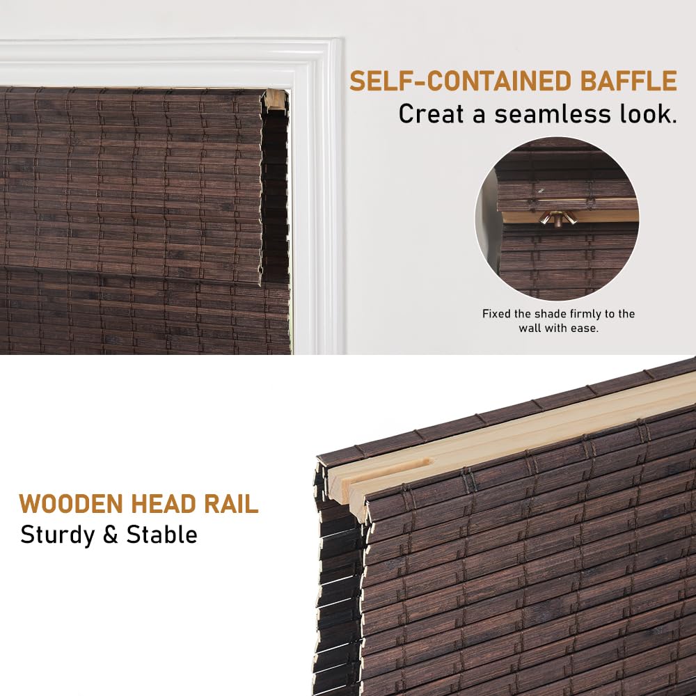 SEEYE Cordless Bamboo Roman Shades, Blackout Natural Bamboo Blinds for Indoor Windows, Roll Up Blind Privacy Shade for Home, Office, Door, UV Resistant & Easy to Install, 34" W x 64" H, Brown SEEYE