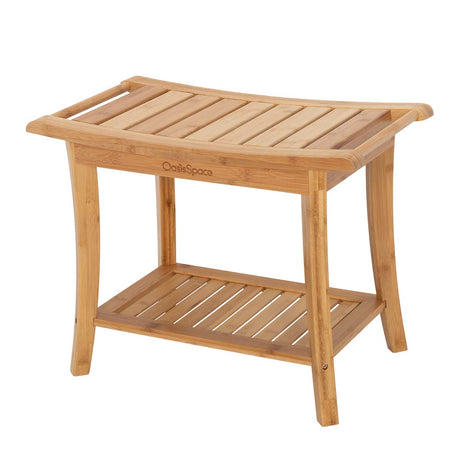 OasisSpace Bamboo Shower Bench, 24" Waterproof Shower Chair with Storage Shelf, Wood Spa Bath Organizer Seat Stool, Perfect for Indoor or Outdoor OasisSpace