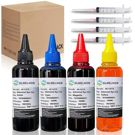 Universal Dye Ink Refill Kit for HP Canon Epson Brother Lexmark Samsung Dell Kodak Inkjet Printers 4 Color Set Compatible Cartridges Refillable Cartridge CISS CIS System with 4 Syringes,400ml DLMELHOR
