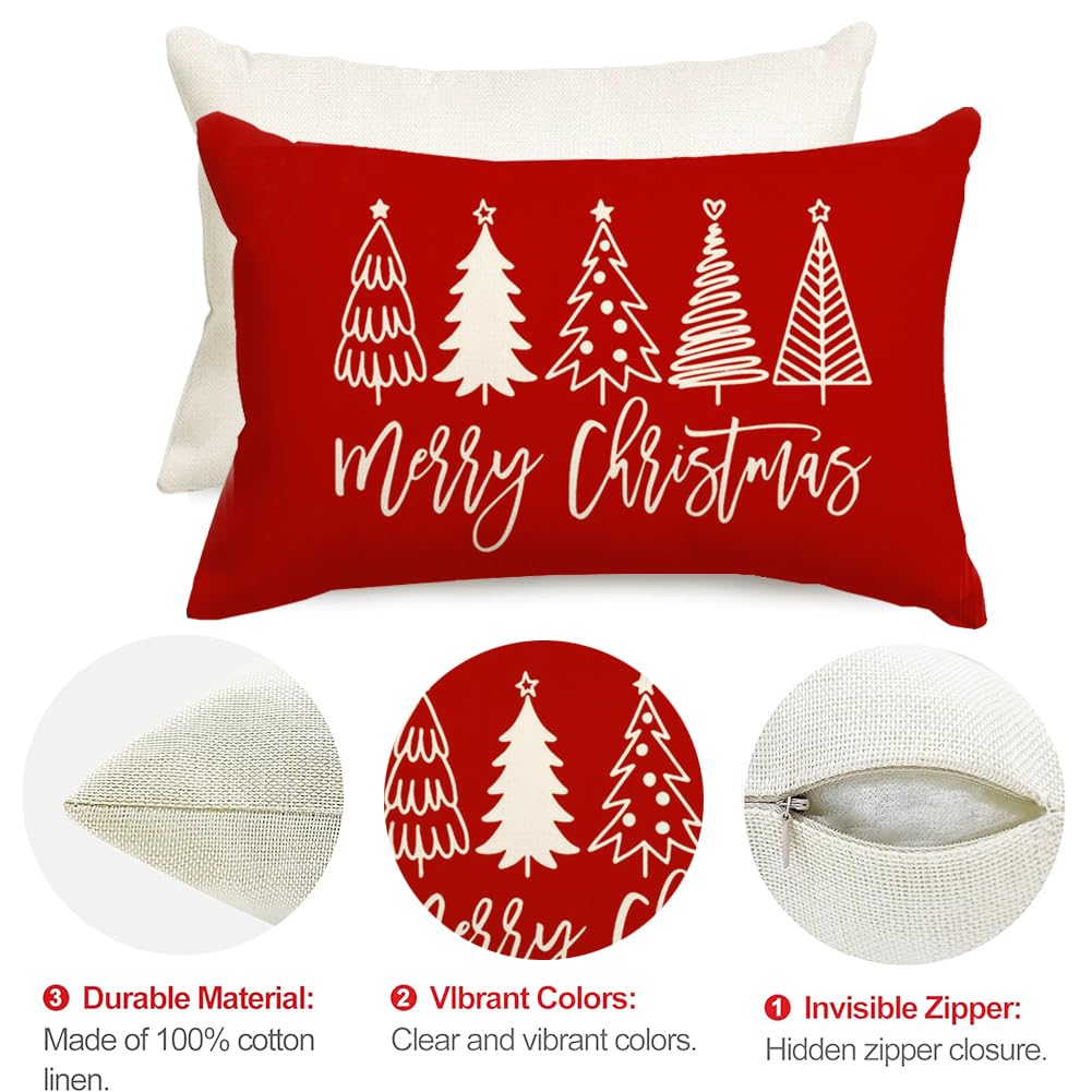 RABUSOFA Christmas Pillow Covers 12x20 Inch,Merry Christmas Tree Pillows Decorative Throw Pillows,Xmas Red Cushion Cover Decor for Holiday Couch Sofa Outdoor Lumbar(6) RABUSOFA