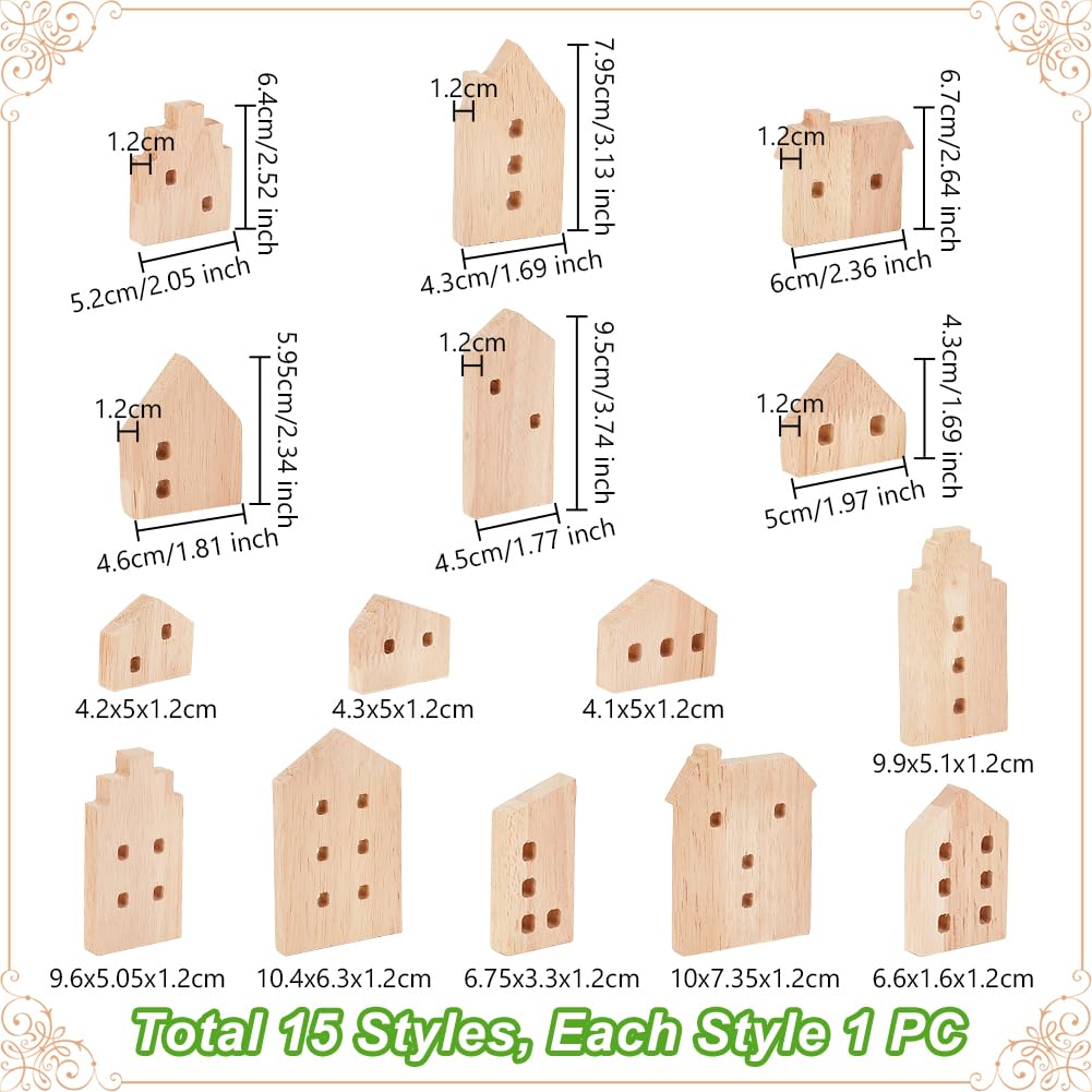 OLYCRAFT 15Pcs Unfinished Wooden House Shaped Blocks House Blank Wood Cutouts Wood Blocks with Hole Wooden Display Decoration Pieces for Home Kitchen Office Shelf Coffee Bar Decor -15 Styles OLYCRAFT