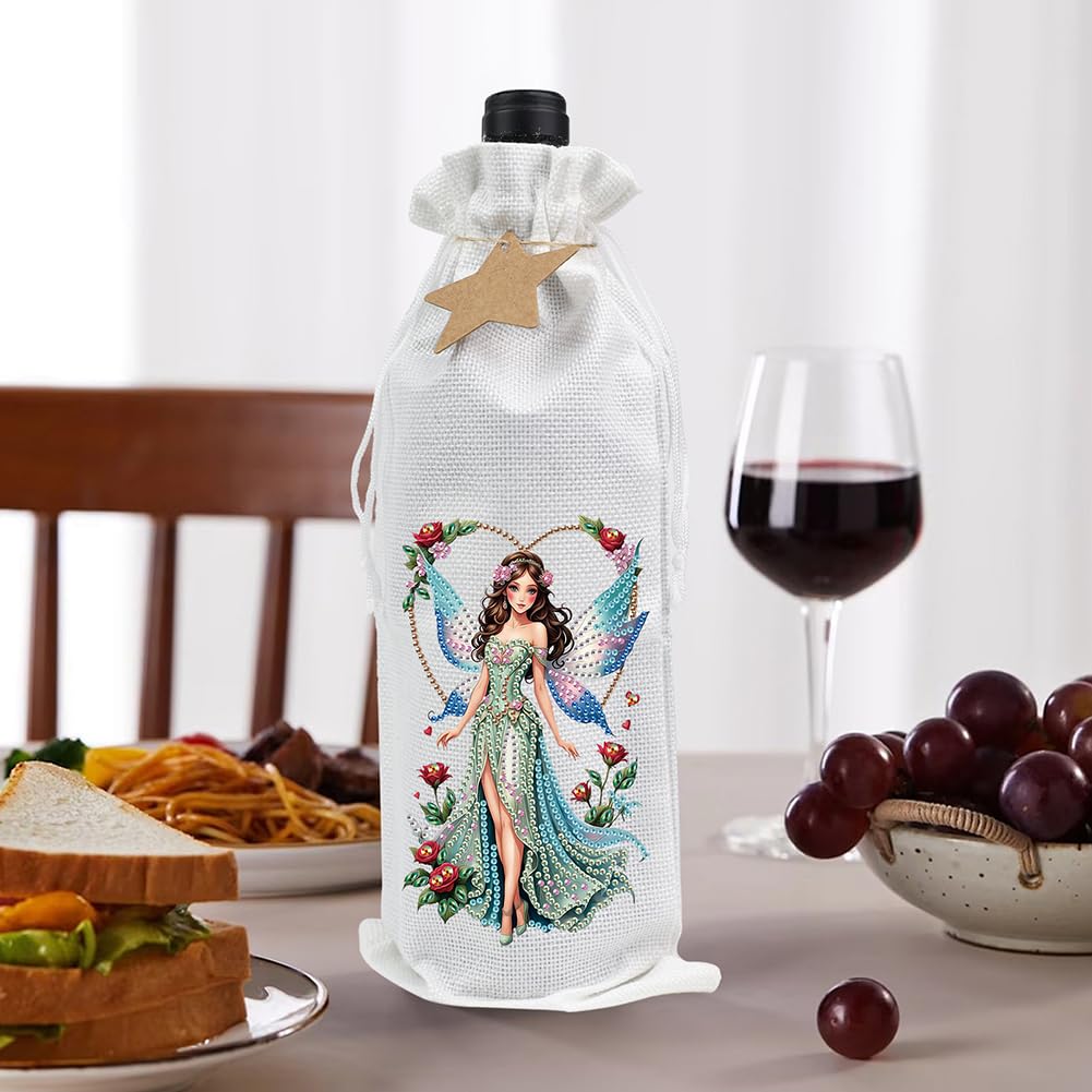 Diamond Art Painting Wine Bottle Gift Bags Kit DIY Linen Wine Wrapping Bags with Diamond Art Design, Champagne Decorative Bags for Christmas, Weddings, Birthdays, and Parties (Fairy) WoodArtSupply