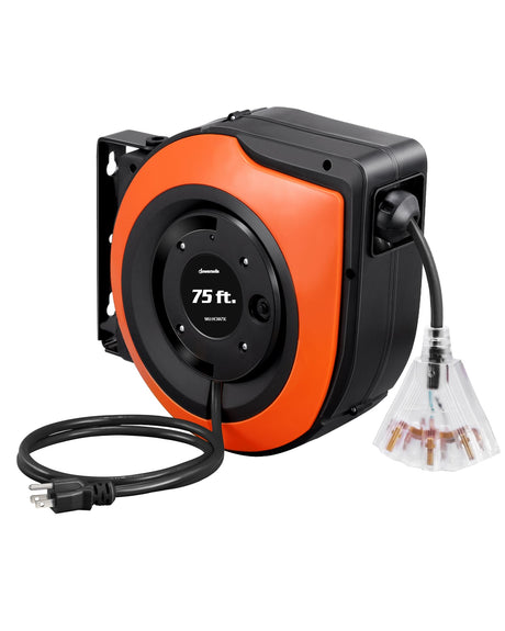 DEWENWILS Retractable Extension Cord Reel, 75 FT Heavy Duty Power Cord, 14/3C SJTOW, Lighted Triple Tap Outlets, 10A Circuit Breaker, Wall/Ceiling Mounted for Garage, Workshop, UL Listed DEWENWILS