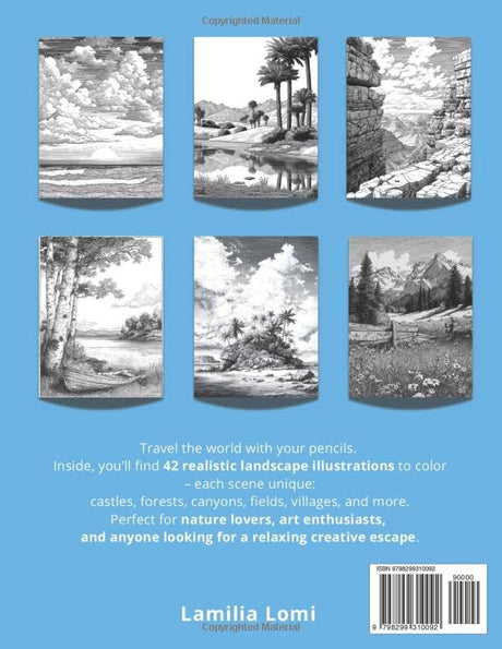 Landscapes Coloring Book: 42 Realistic Grayscale Landscape Illustrations for Relaxation, Calmness & Meditation – Castles, Forests, Canyons, Fields, and More Majosta