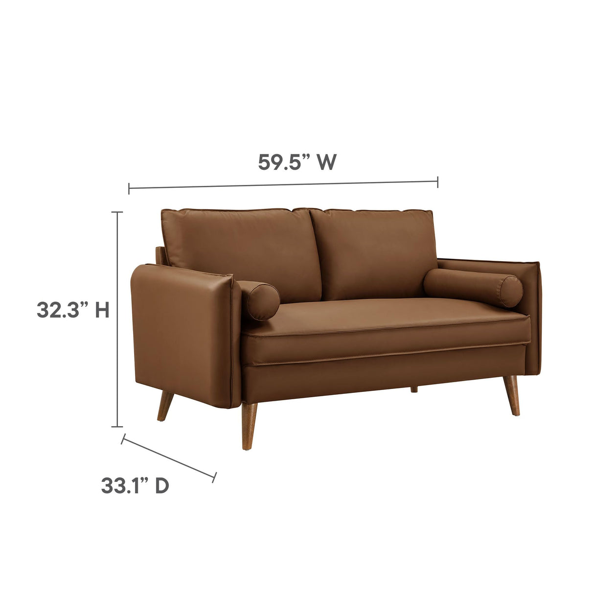 Modway Revive 59 Inch Faux Leather Loveseat in Brown – Mid Century Modern Upholstered Loveseat with Gold Legs - Small Space Sofa for Living Room, Office, or Apartment Modway