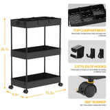 SPACELEAD 3 Tier Rolling Cart with Wheels, Storage Craft Art Trolley Organizer Serving, 3 Hanging Baskets Easy Assembly, for Office, Living Room, Kitchen, Black SPACELEAD