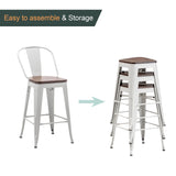 Alunaune 24" Swivel Metal Bar Stools Set of 4 High Back Counter Height Barstools Industrial Dining Bar Chairs with Large Wooden Seat-White Alunaune