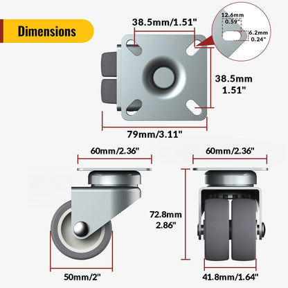 2 inch Swivel Caster Wheels Set of 4 - Heavy Duty Casters for Furniture - No Noise TPR Wheels - with Screws - Total Capacity 880 lbs (2 with Brakes)