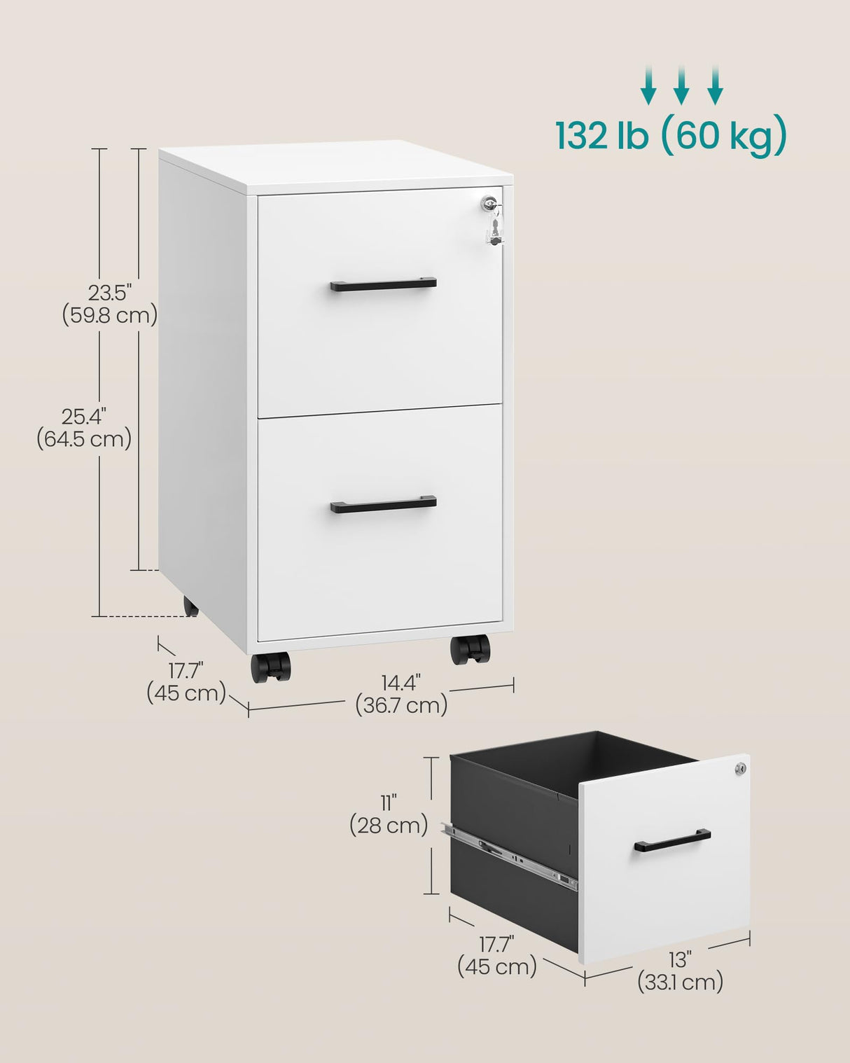 SONGMICS File Cabinet, Pre-Assembled Except Wheels and Handles, Office Filing Cabinet with Lock, for A4, Legal, Letter Sized Documents, 17.7 x 14.4 x 25.4 Inches, Matte White UOFC112W01 SONGMICS