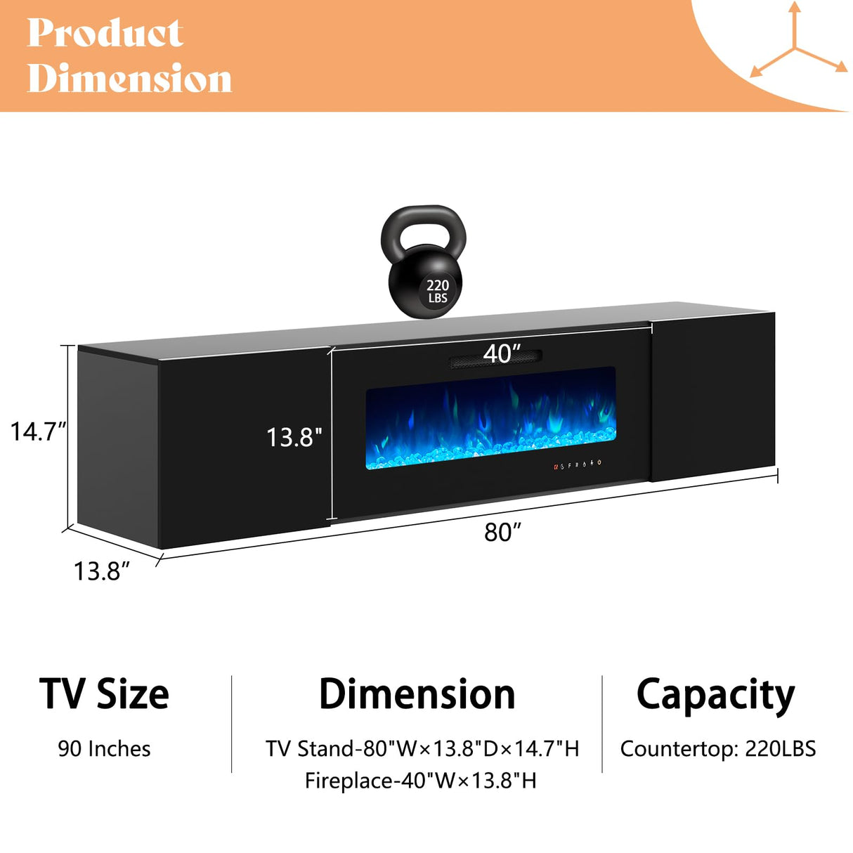 AMERLIFE Floating Fireplace TV Stand, Wall Mounted Mirrored Entertainment Center with 40" Electric Fireplace, Modern LED Lights Media Console for TVs Up to 90", Black AMERLIFE