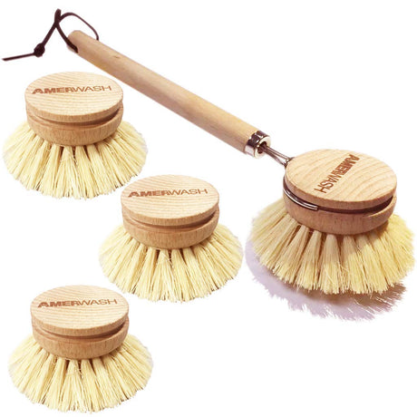 AMERWASH PLUS Dish Brush with Wooden Handle, Natural Kitchen Brush for Dishes Vegetable, Pots and Pans, Tampico Fiber Bristles Scrubber, Extra 3 Pack Replacement Head Included AMERWASH PLUS