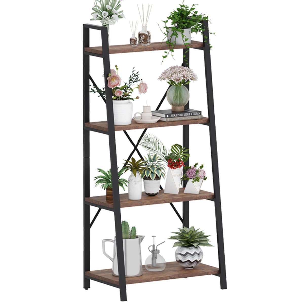 BON AUGURE Industrial Ladder Shelf Bookcase, 4 Tier Rustic Ladder Bookshelf, Standing Leaning Book Shelves for Living Room (Rustic Oak) BON AUGURE