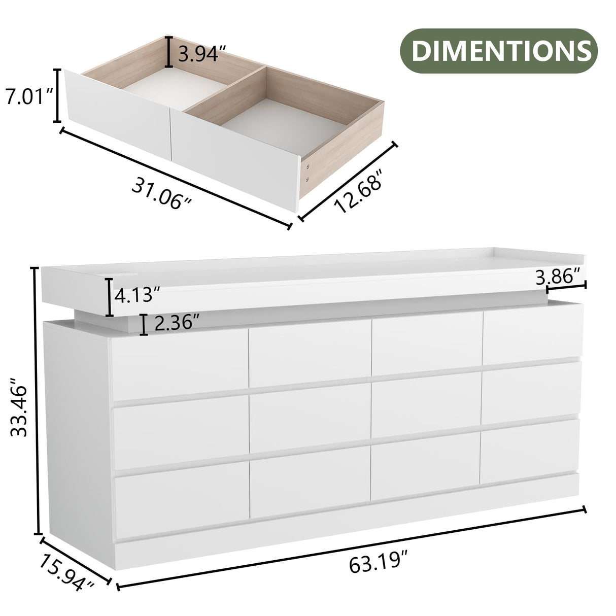 Gyfimoie 12 Drawer Dresser with Power Outlet, Dresser with LED Light, Modern Chest of Drawers for Closet, Double Wide Drawer Organizer Cabinet for Bedroom, Living Room (White, 12 Drawers) Gyfimoie