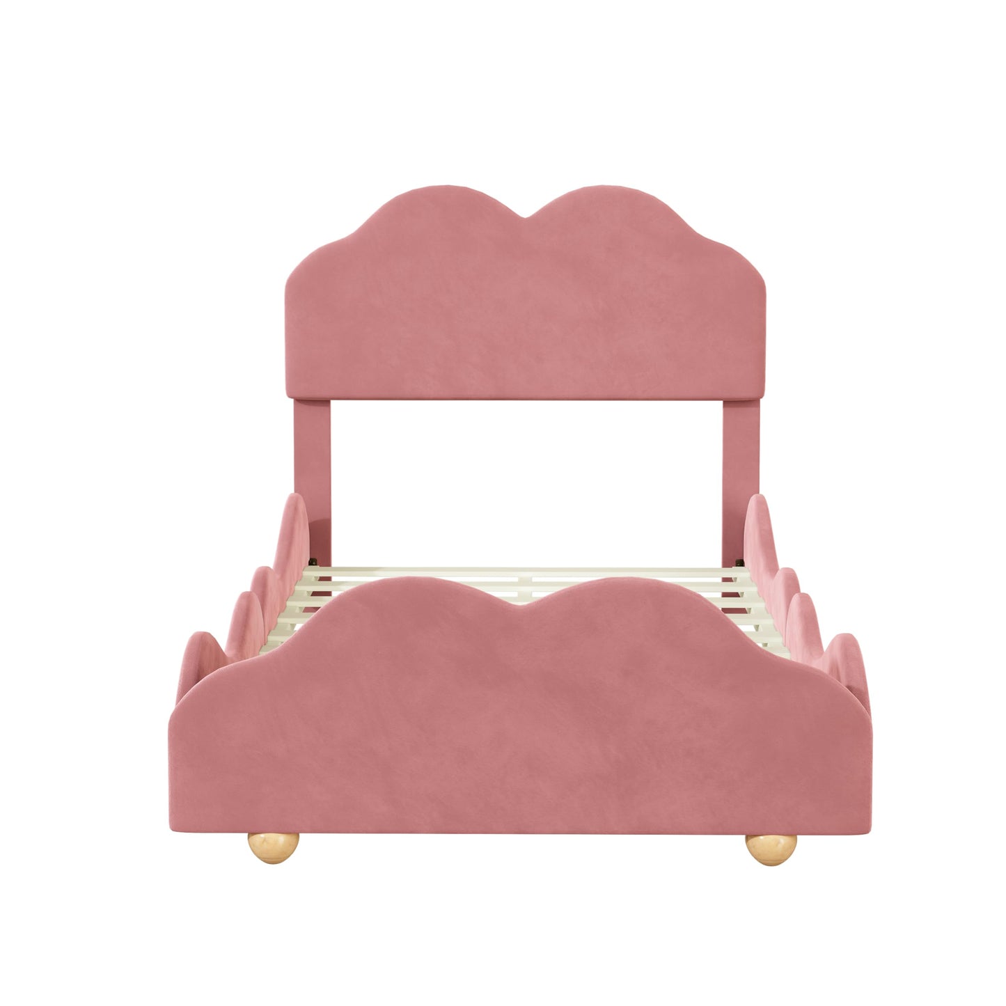 Kids Twin Platform Bed with Cloud Shaped Headboard and Footboard, Velvet Upholstered Twin Size Bed Frame with Wooden Slats Support for Bedroom, No Box-Spring Needed, Dark Pink